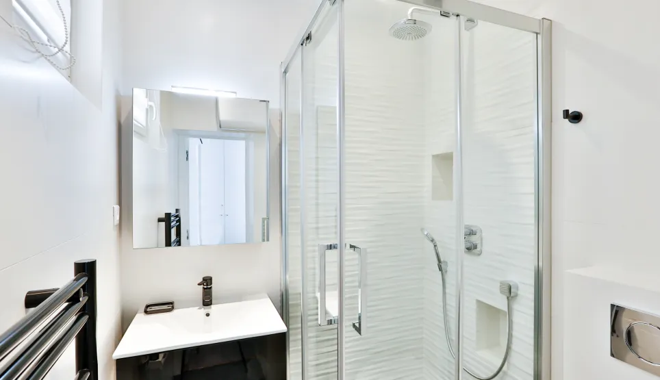 Salle de bain moderne et lumineuse avec douche à l'italienne, vasque design et miroir. Luxe épuré pour appartement contemporain.