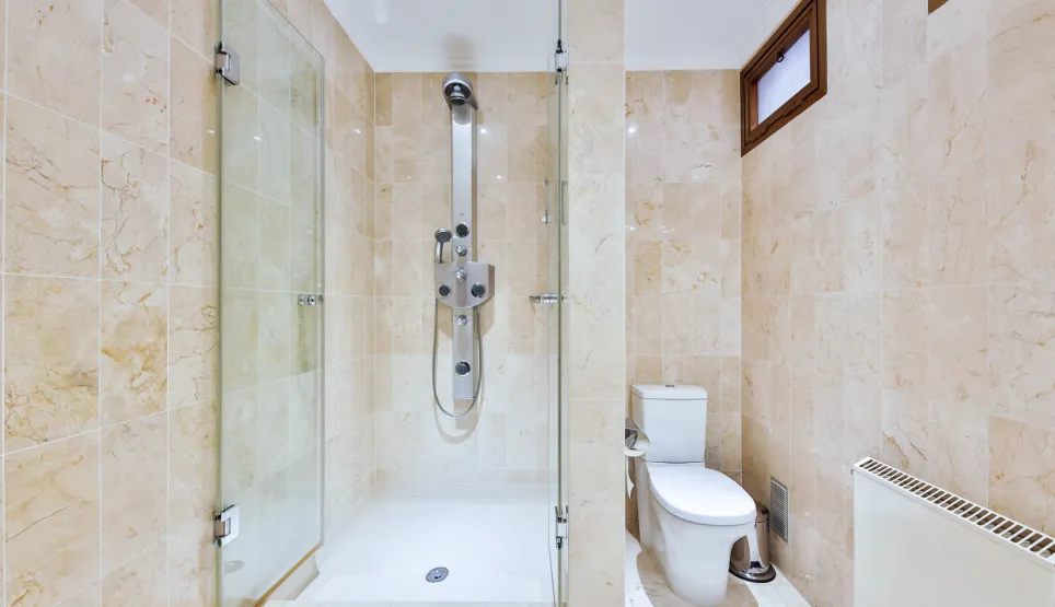 Salle de bain de luxe moderne: douche à l'italienne, carrelage marbre clair, WC. Design épuré et équipements haut de gamme.