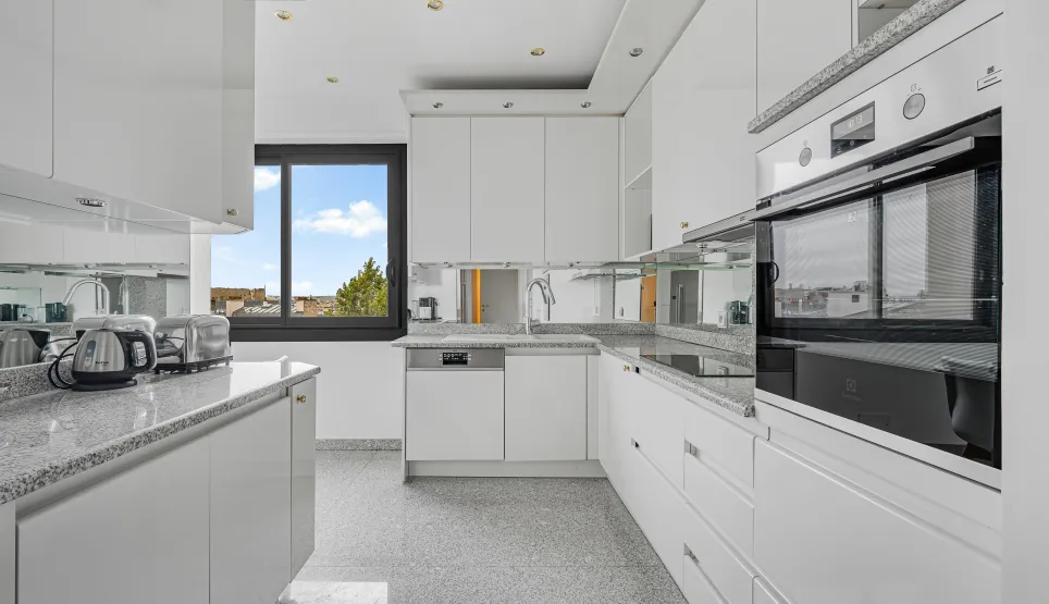 Cuisine de luxe moderne et lumineuse. Design épuré, électroménager intégré, plan de travail granit. Vue dégagée.