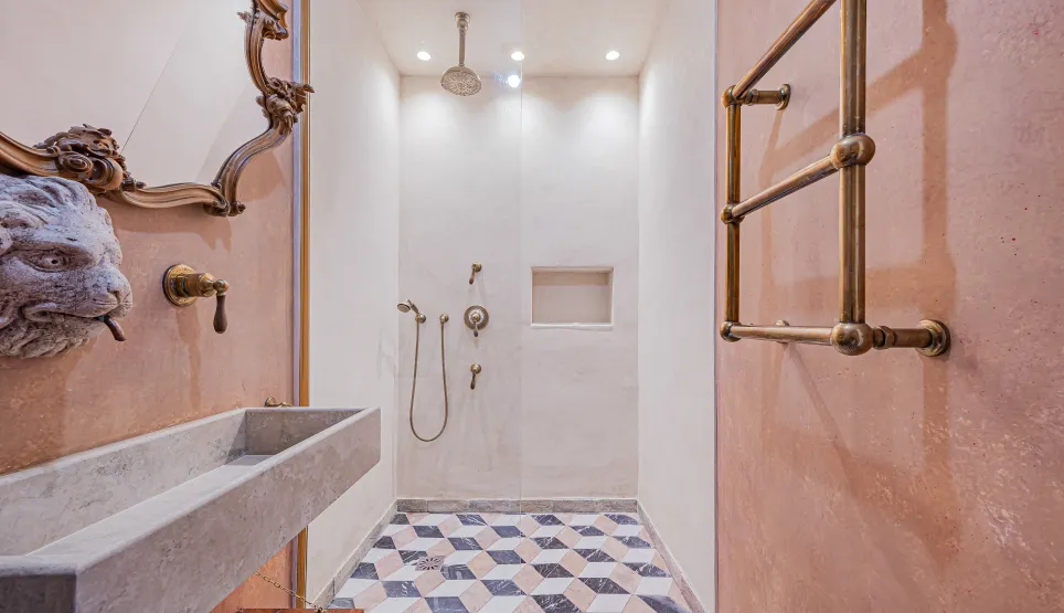 Salle de bain luxe avec douche à l'italienne, vasque pierre, robinet tête de lion, miroir orné et carrelage géométrique. Élégance et caractère.