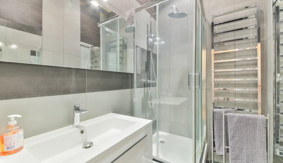 Salle de bain moderne et élégante avec douche vitrée, vasque design et sèche-serviettes chromé. Finitions haut de gamme pour un confort optimal.
