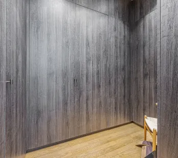 Design luxe: boiseries sombres intégrées, parquet clair. Intérieur moderne et épuré, idéal pour un couloir ou dressing haut de gamme.