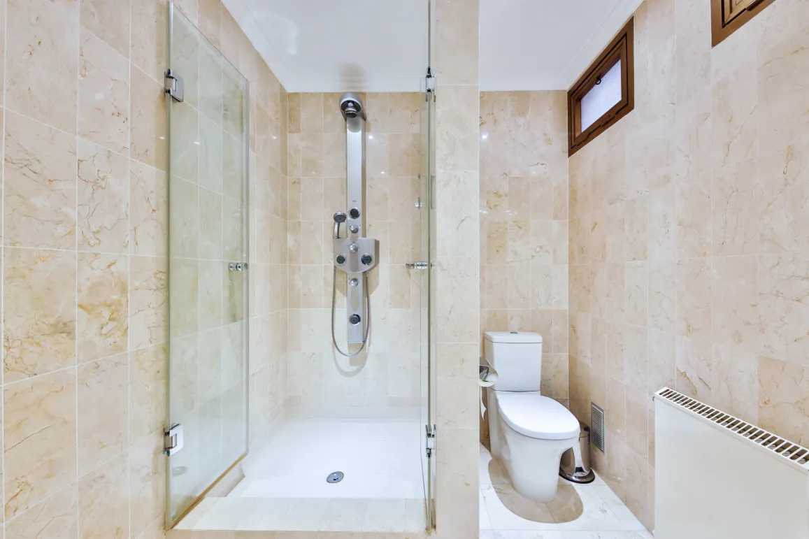 Salle de bain de luxe moderne: douche à l'italienne, carrelage marbre clair, WC. Design épuré et équipements haut de gamme.