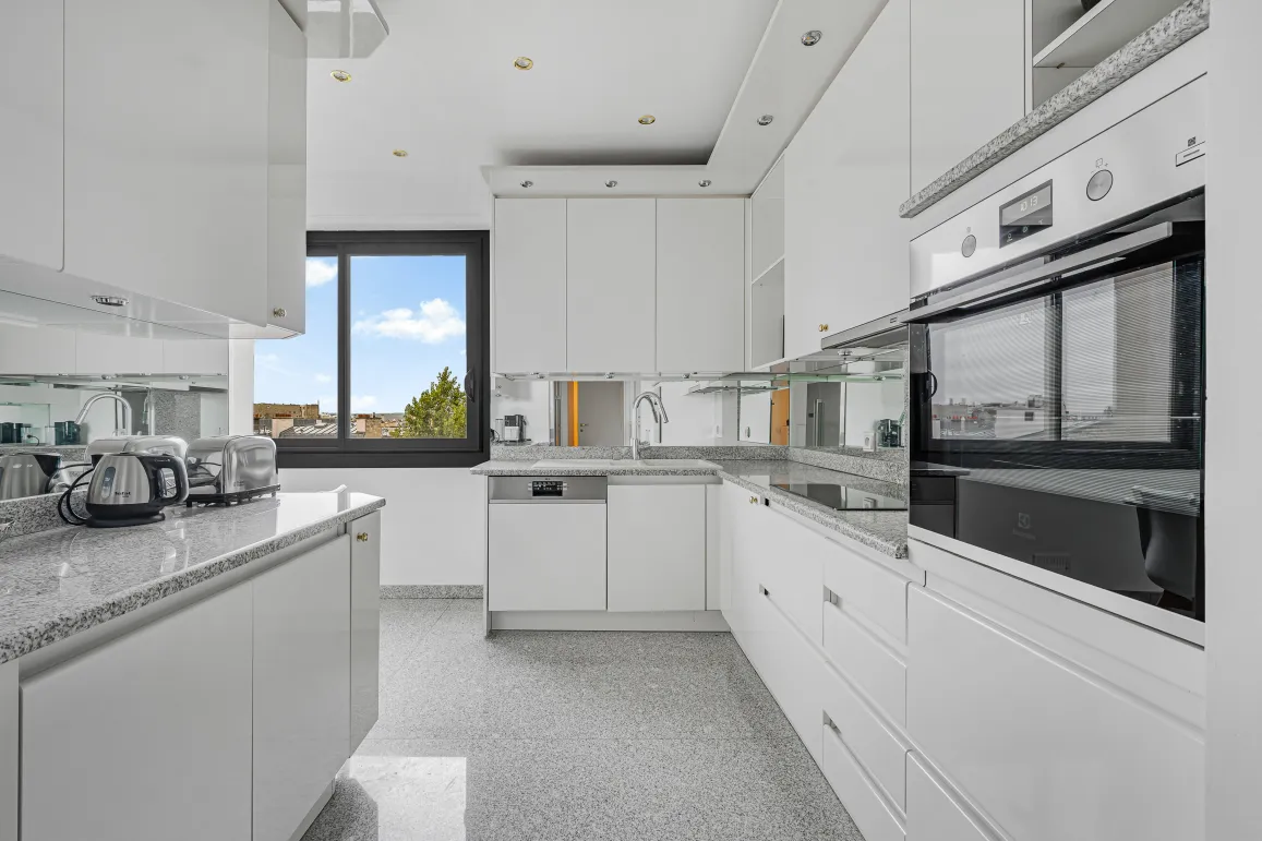Cuisine de luxe moderne et lumineuse. Design épuré, électroménager intégré, plan de travail granit. Vue dégagée.