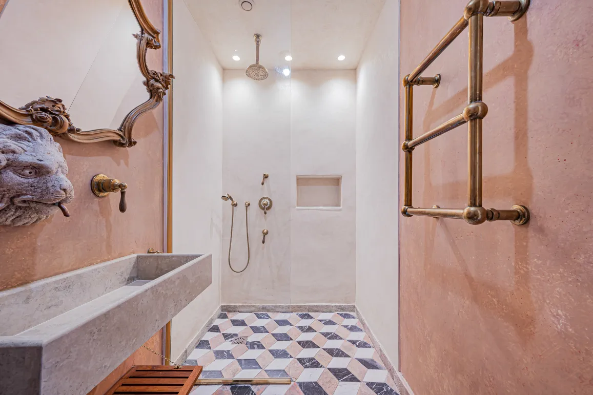 Salle de bain luxe avec douche à l'italienne, vasque pierre, robinet tête de lion, miroir orné et carrelage géométrique. Élégance et caractère.